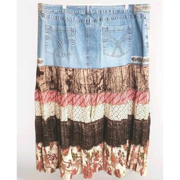 Venezia Boho Denim Skirt Women's 24 Mixed Media Western Mid Length - Picture 5 of 8